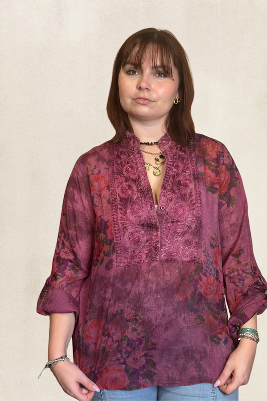1/4 Front Embroidered Floral Blouse