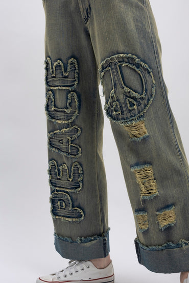 Distressed Peace Patch Jeans