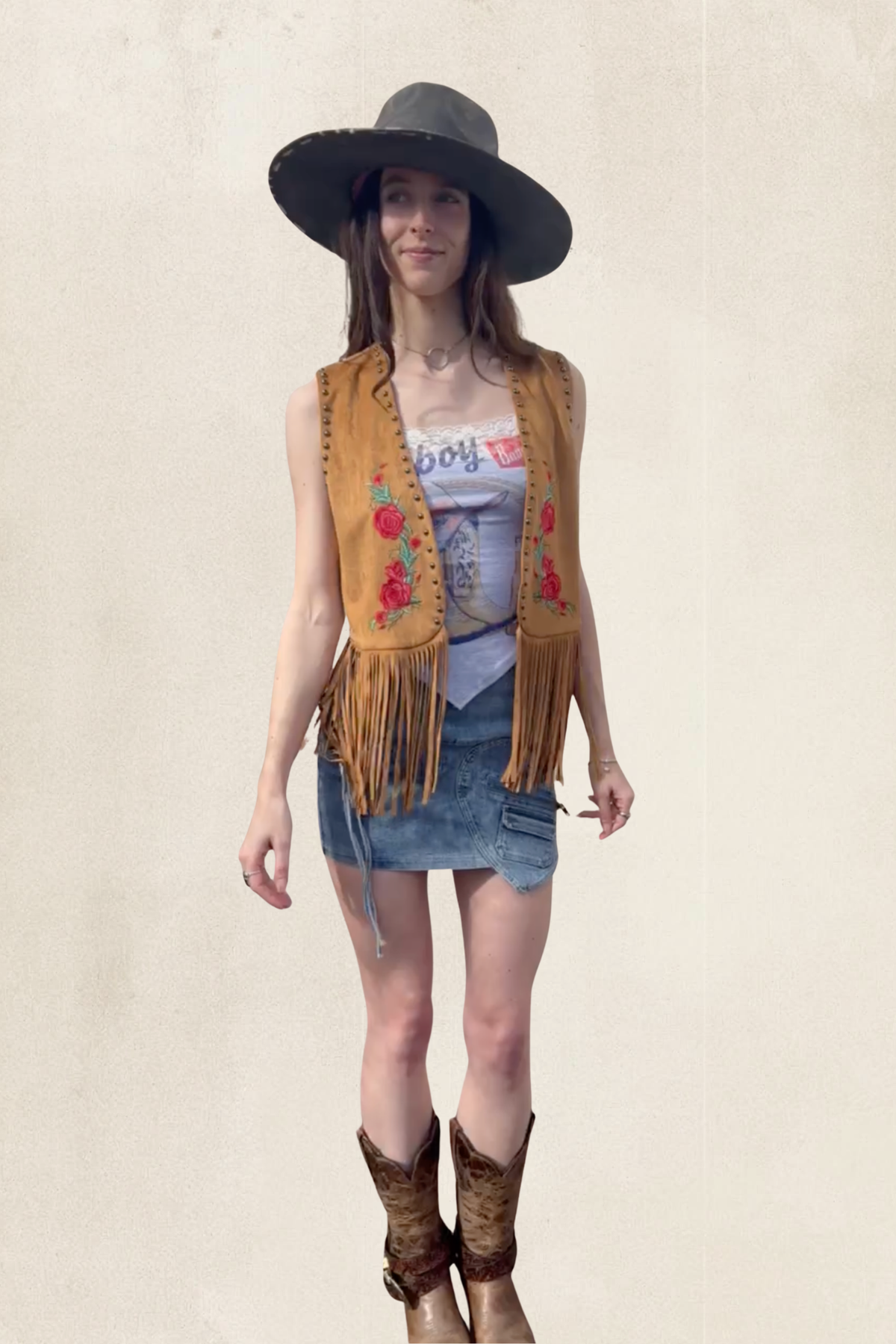 Embroidered Suede Fringe Vest