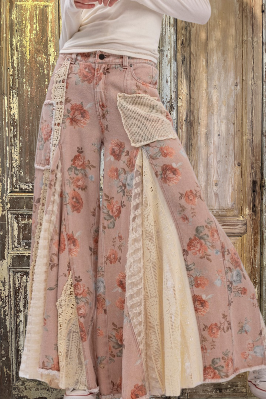 Floral Lace Insert Denim