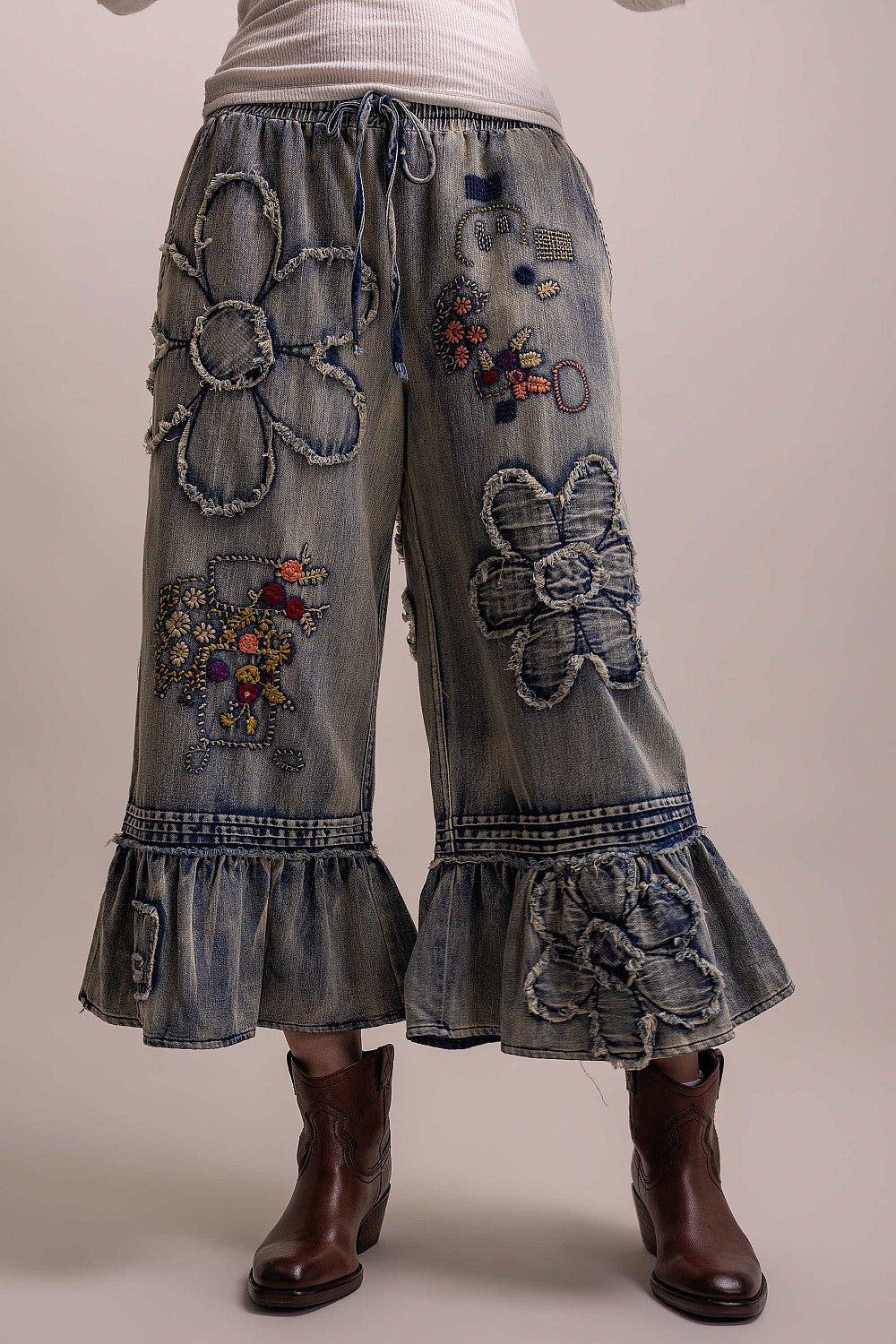 Flower Patchwork Ruffled Pants