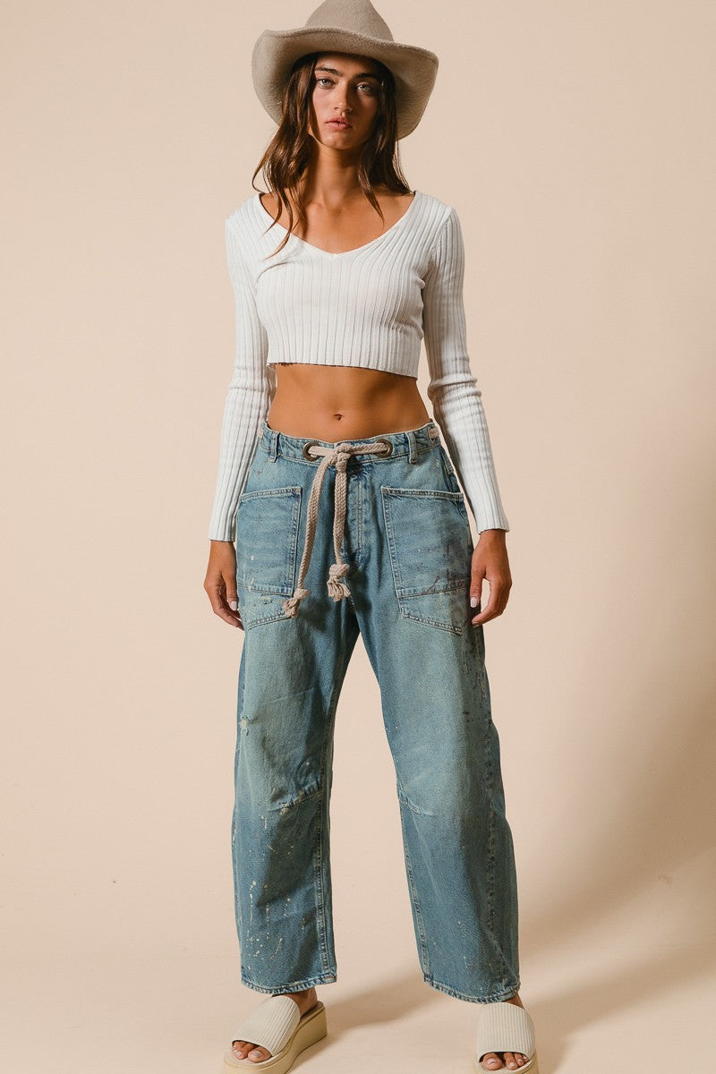 Washed Drawstring Jeans