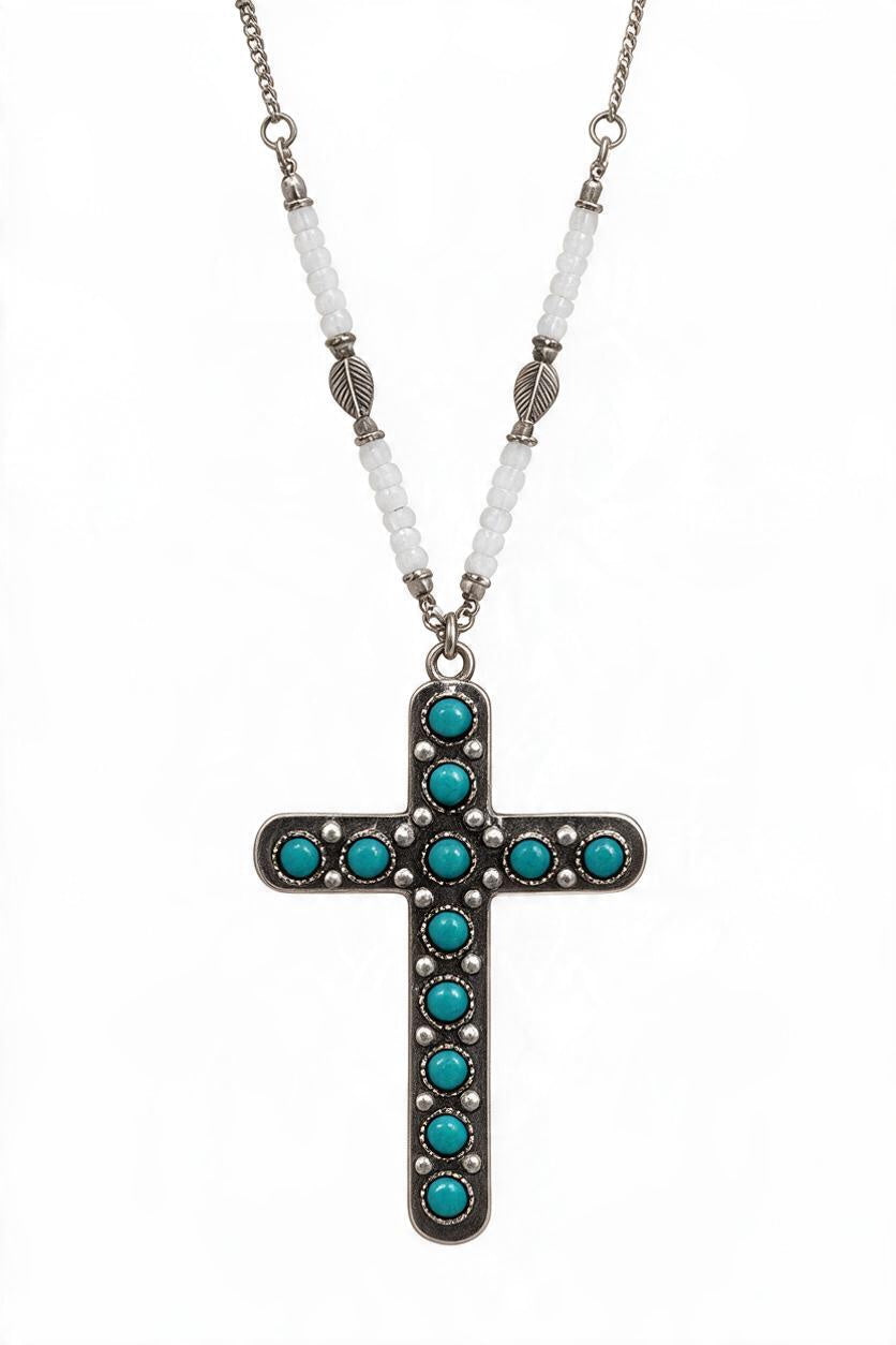 Large Turquoise Cross & White Beads Necklace