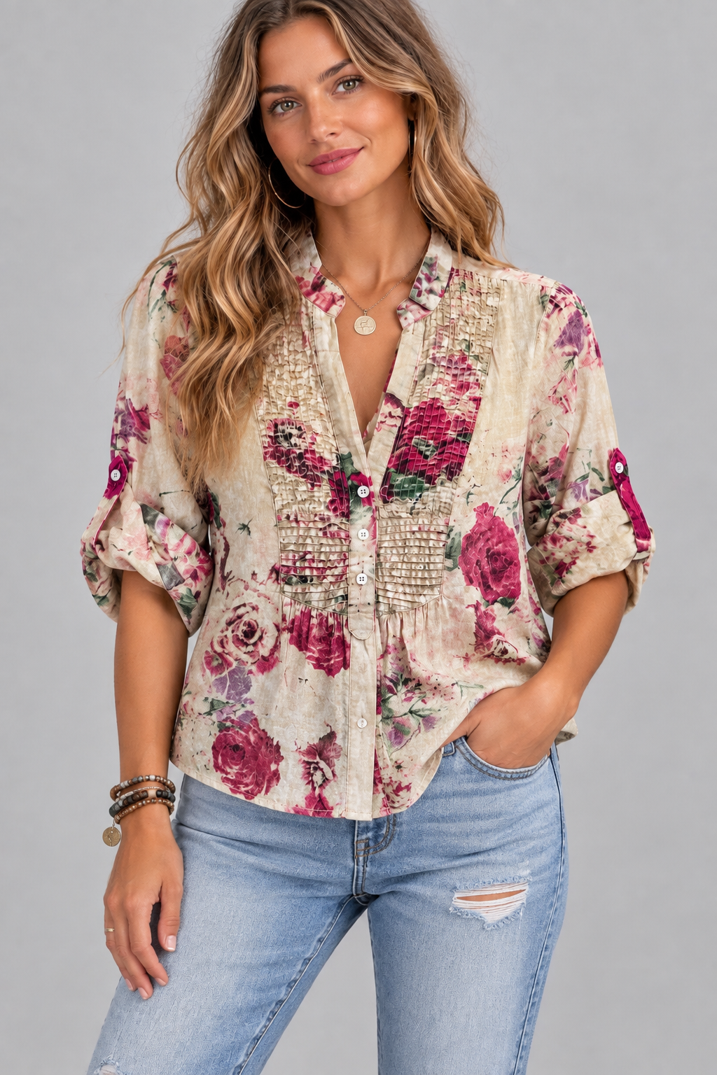 Stitched Mandarin 1/4 Front Blouse