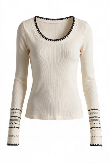 Trestles Clothing Company Aspen Thermal top in cream waffle knit cotton with black contrast stitching and long sleeves