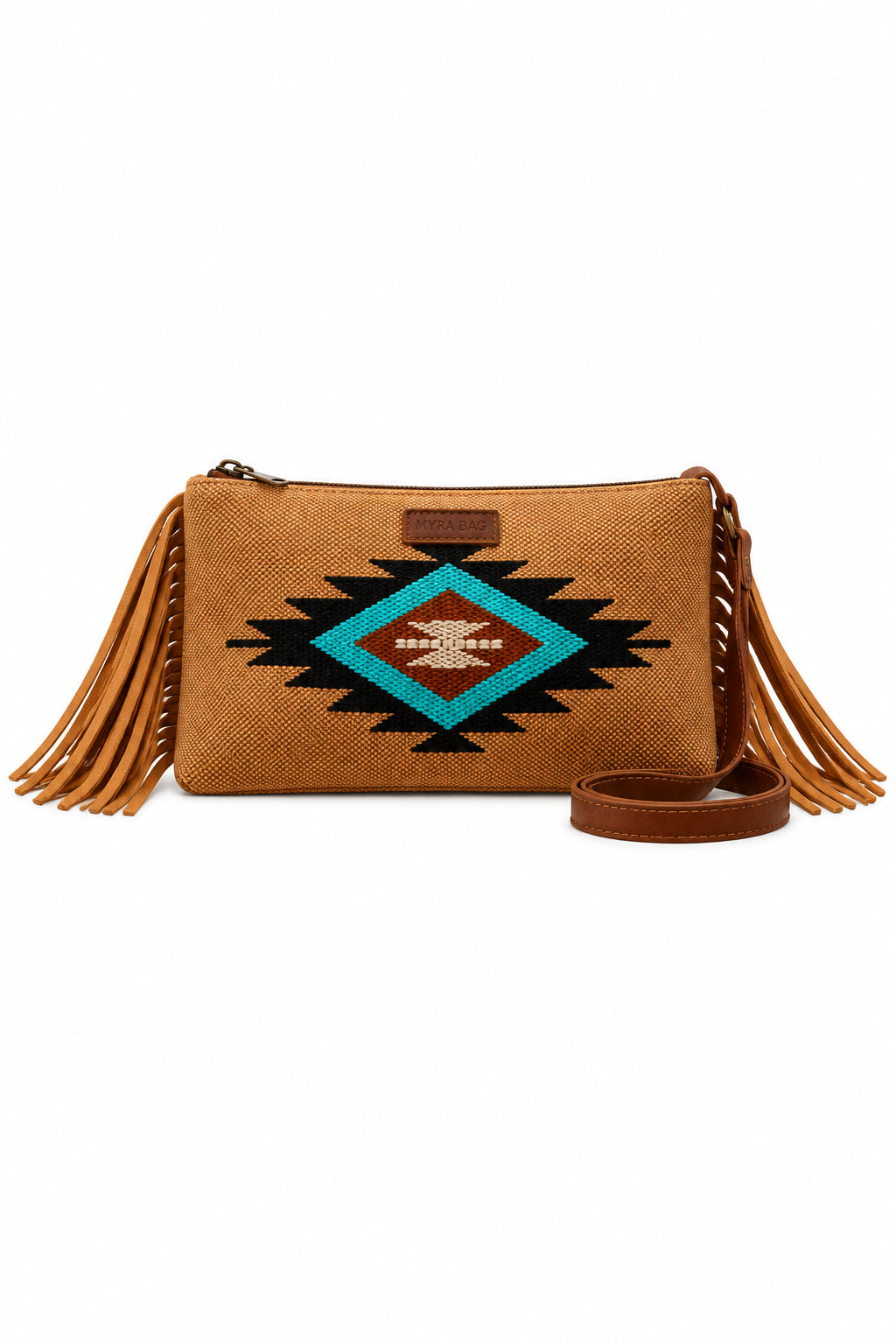 Trestles Clothing Company Aztec wristlet and crossbody bag in tan canvas with fringe, embroidery, and Wrangler logo.