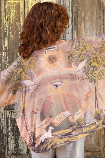Trestles Clothing Company cropped kimono in bamboo fabric featuring a vintage-style back print of sun, eye, and globe.