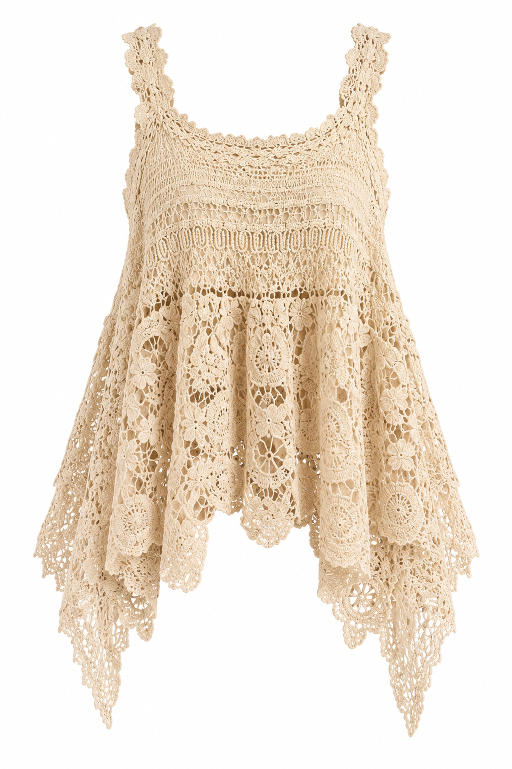 Trestles Clothing Company beige crochet lace tank top with an oversized fit and an uneven handkerchief hem.