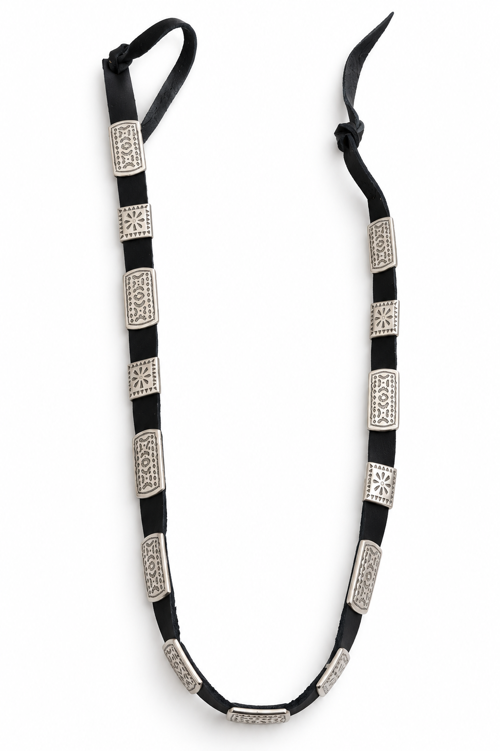 Trestles Clothing Company black suede hat band with silver rectangular and square metal conchos in a Western style.