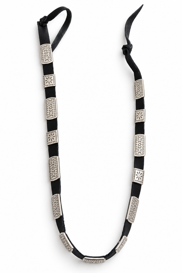 Trestles Clothing Company black suede hat band with silver rectangular and square conchos in a Western boho style.