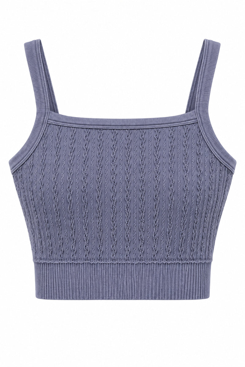Trestles Clothing Company blue cropped cami with a square neck, cable knit texture, and wide supportive elastic band.