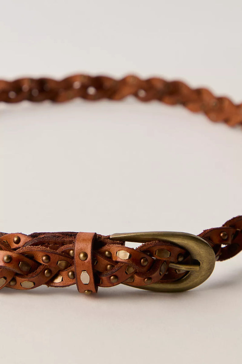 Trestles Clothing Company brown braided leather belt with metal studs and an antique brass buckle