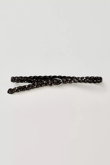 Trestles Clothing Company slim brown braided leather belt with silver metal studs and a polished buckle