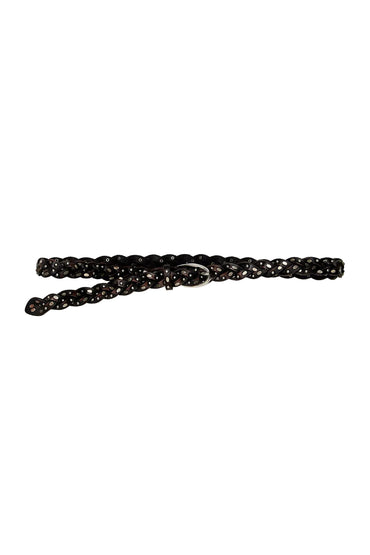Trestles Clothing Company slim brown braided leather belt with silver metal studs and a polished buckle