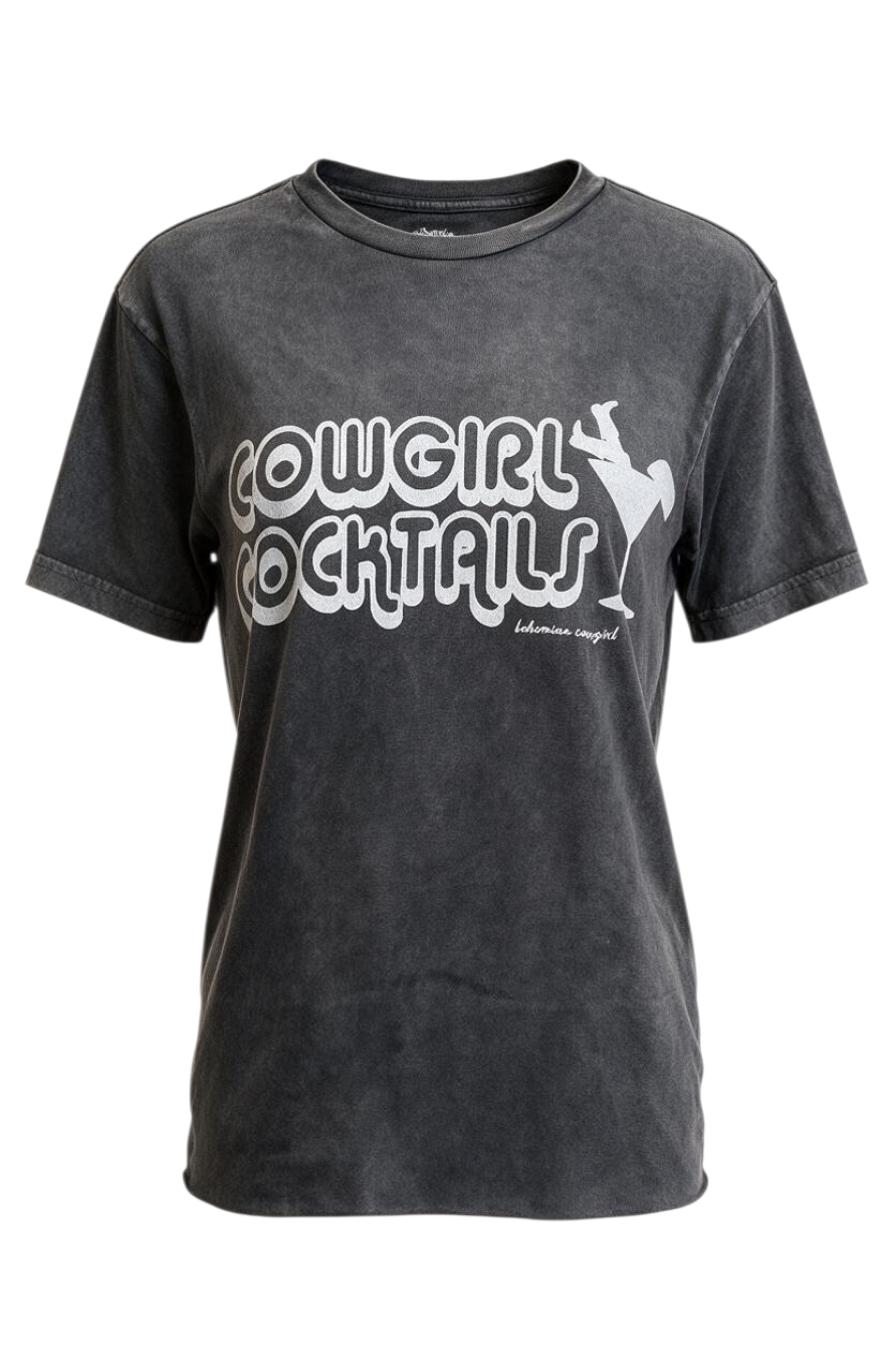 Trestles Clothing Company Cowgirl Cocktails graphic tee in washed black cotton with a retro martini glass print.
