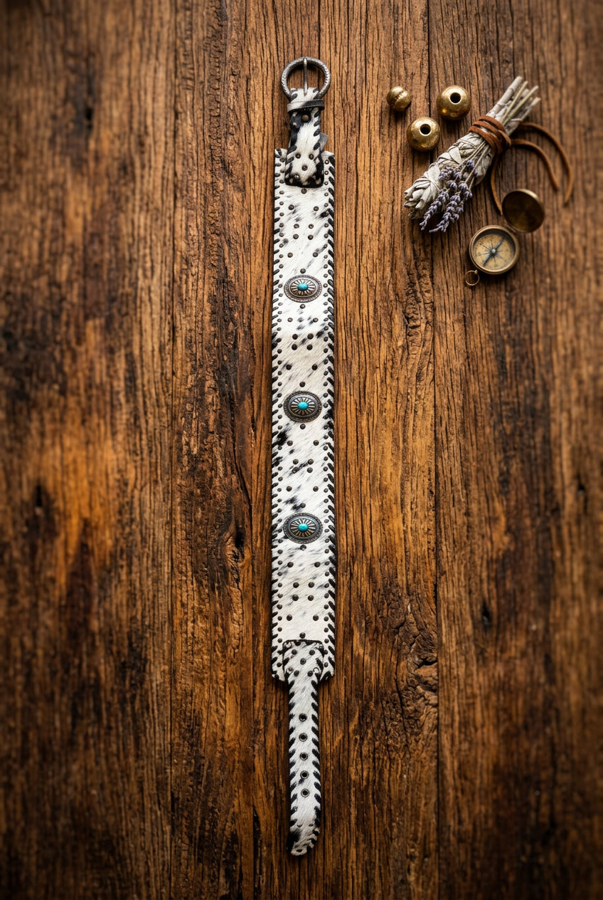 Trestles Clothing Company wide cowhide leather belt with turquoise conchos and studs on a rustic wooden background.