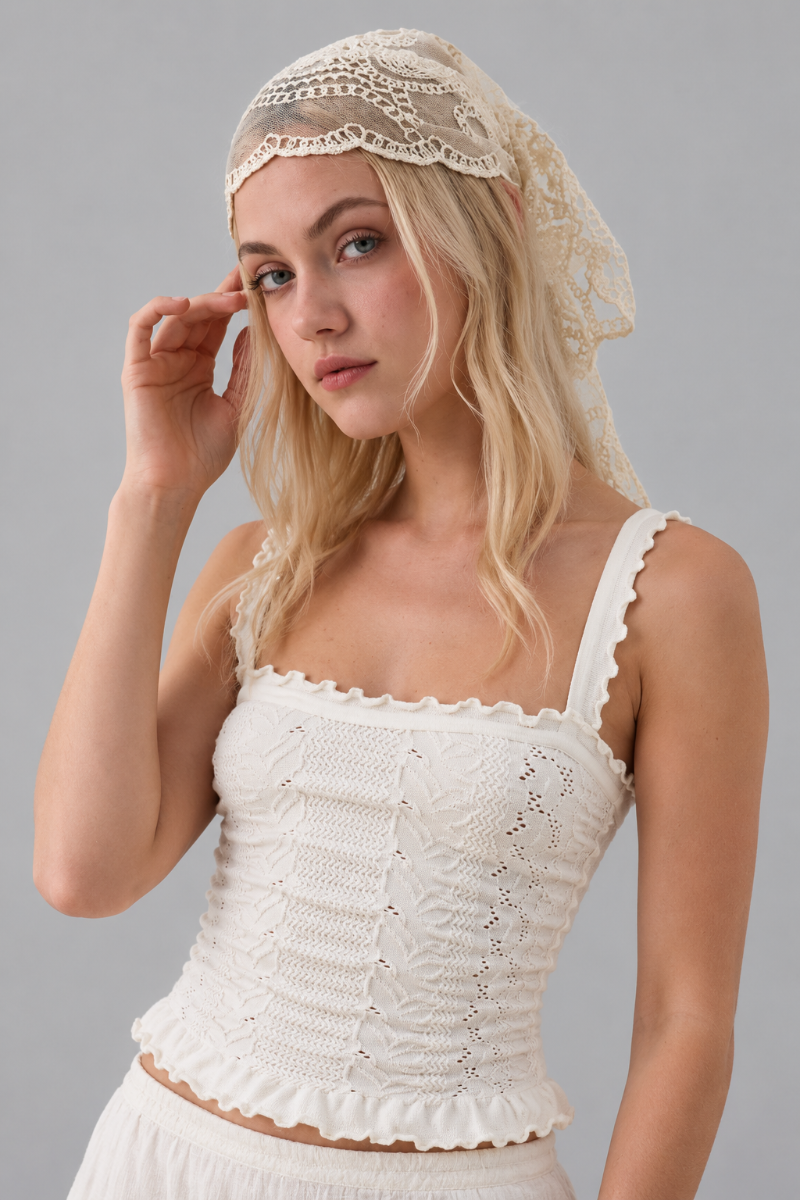 Trestles Clothing Company cream embroidered lace triangle headscarf worn by a blonde model in a boho style