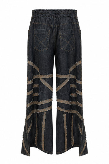 Trestles Clothing Company dark denim wide leg jeans with distressed fabric patches and an elastic back waistband