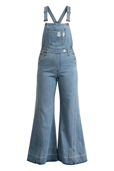 Trestles Clothing Company extreme bell bottom denim overalls with distressed details worn by a model in a boutique.