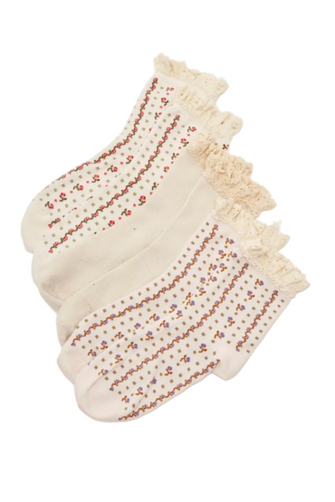 Trestles Clothing Company ruffle crew socks in a 3-pack with waffle knit texture and vintage floral patterns