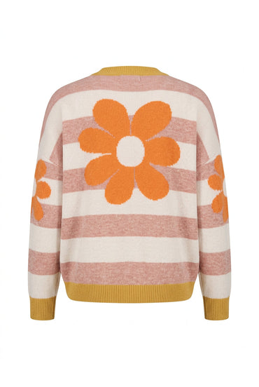 Trestles Clothing Company oversized knit cardigan with retro orange flower pattern and pink striped design