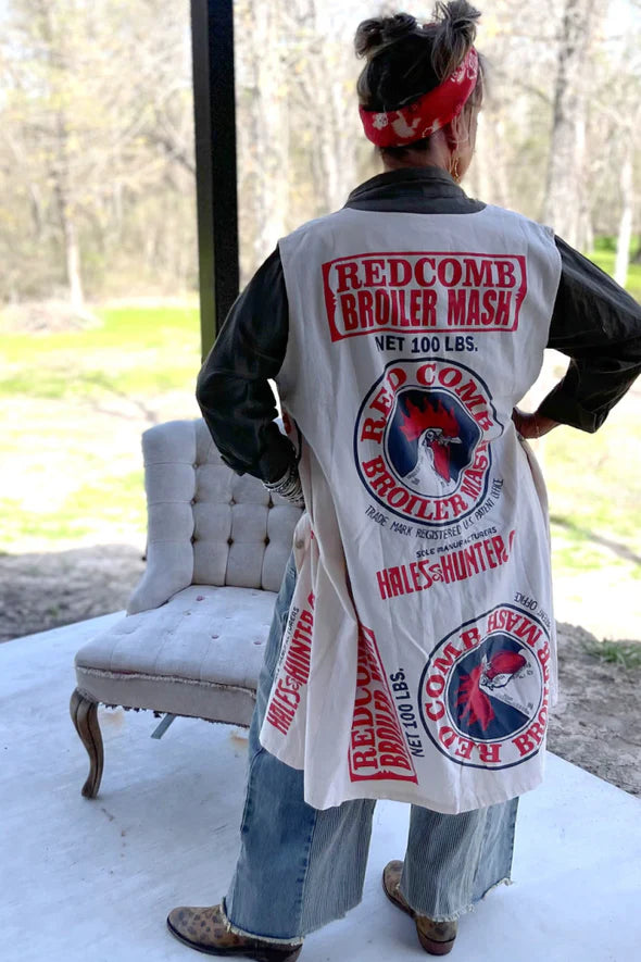 Trestles Clothing Company Market Staple Duster in cream cotton with vintage red and white flour sack print back view