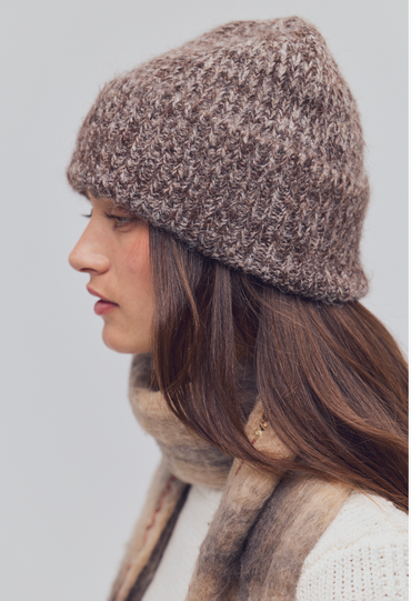 Trestles Clothing Company Frostline Beanie in a brown wool-blend knit worn by a woman with a matching scarf