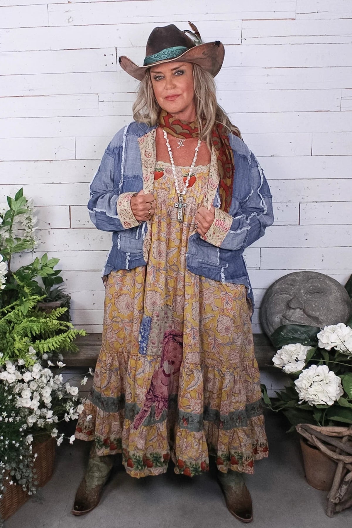 Trestles Clothing Company golden cotton maxi dress with strawberry embroidery, patchwork, and denim jacket layer