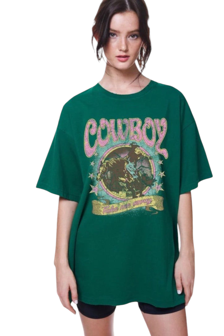 Trestles Clothing Company oversized green cotton graphic tee with vintage cowboy artwork and relaxed boyfriend fit