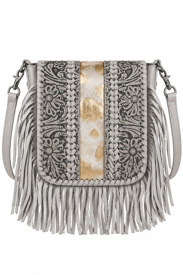 Trestles Clothing Company grey leather crossbody bag with floral tooling, cowhide center, silver studs, and fringe.
