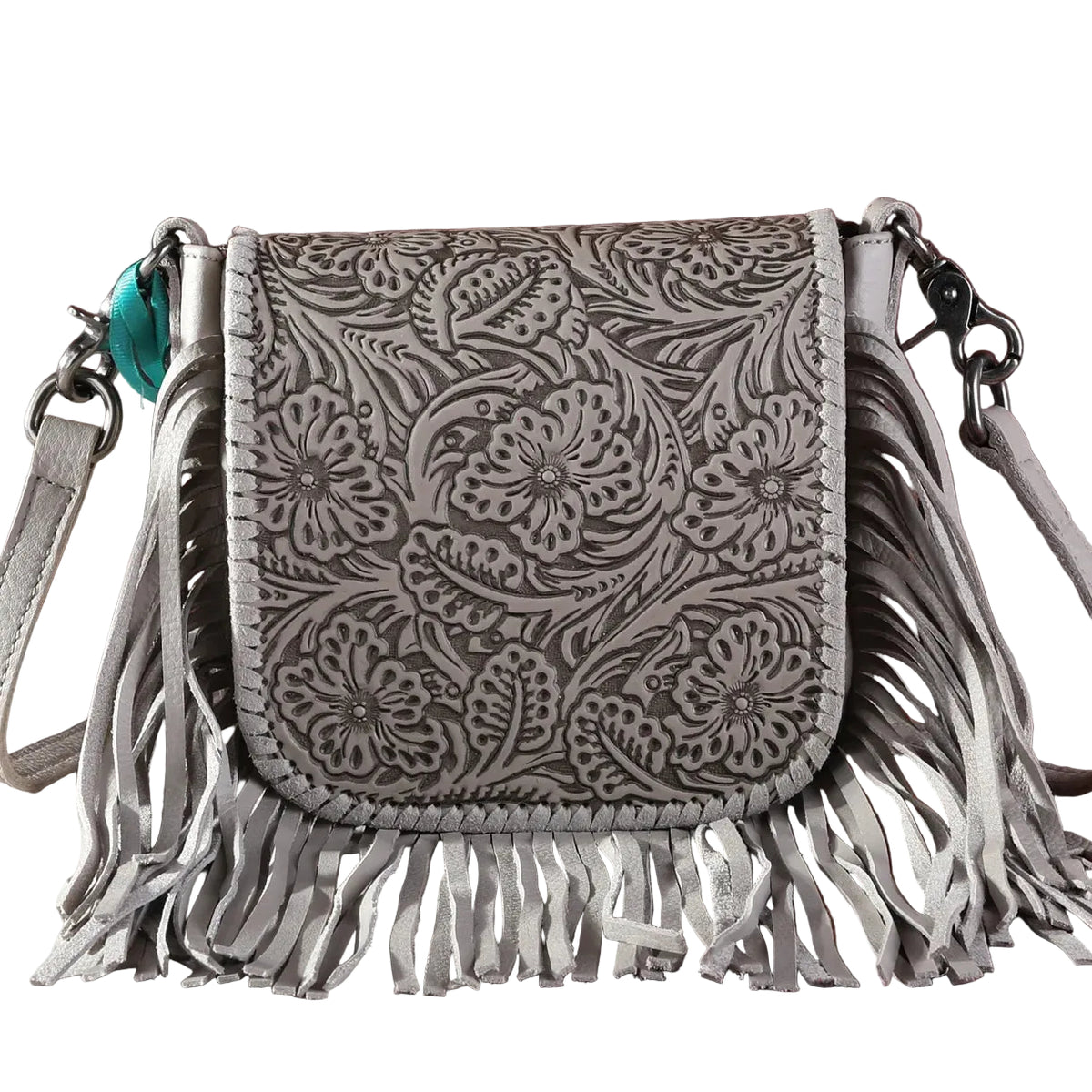 Trestles Clothing Company grey leather crossbody bag with floral tooling, whipstitch trim, and long fringe detail