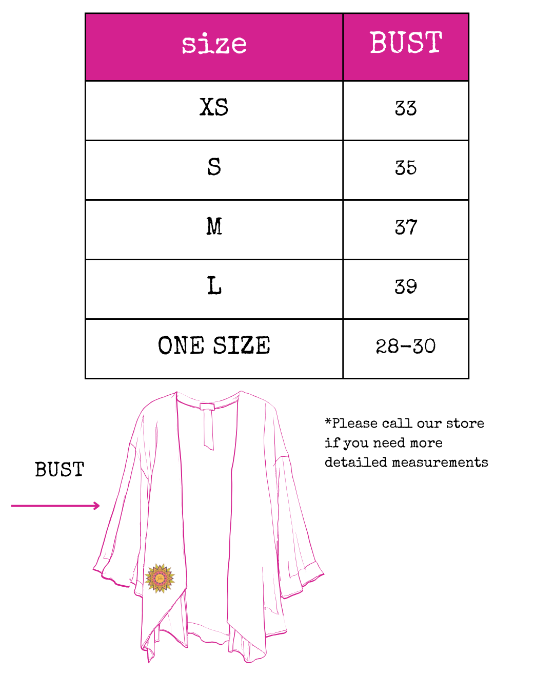 Trestles Clothing Company Holiday Roses Kimono size chart with bust measurements for sizes XS to One Size