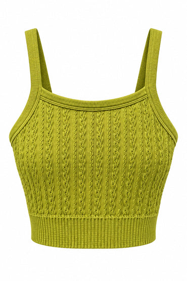 Trestles Clothing Company lime green cropped cami with a square neck and textured cable knit pattern.