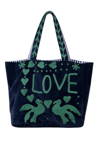 Trestles Clothing Company navy blue velvet tote bag with green embroidered LOVE text and bird motifs