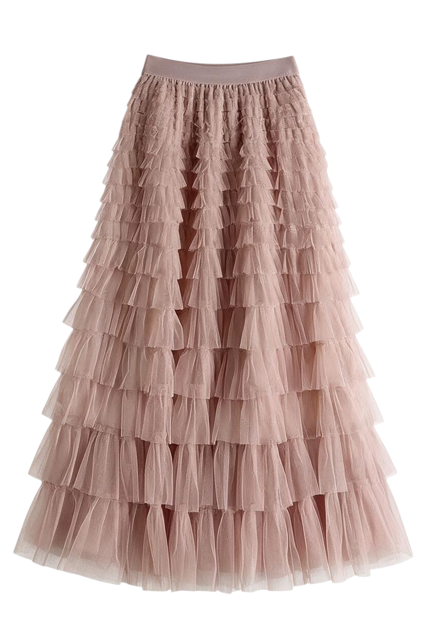 Trestles Clothing Company dusty pink maxi tulle skirt with tiered ruffles and a comfortable elastic waistband
