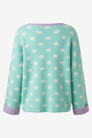 Trestles Clothing Company mint green knit sweater with white polka dots, lavender trim, and drop shoulder back view.