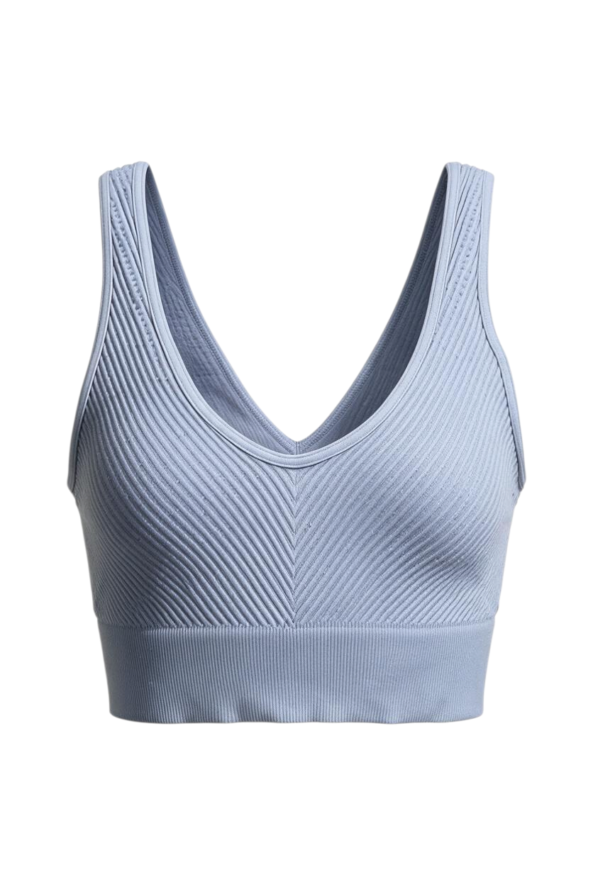 Trestles Clothing Company reversible blue ribbed chevron crop cami top with a v-neckline and seamless knit design