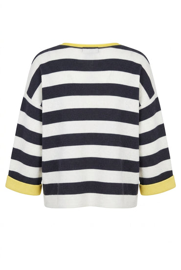 Trestles Clothing Company reversible striped sweater in olive and cream with yellow contrast neckline and rolled cuffs