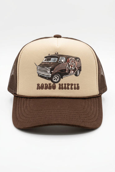 Trestles Clothing Company brown and beige trucker hat featuring a retro van graphic and Rodeo Hippie text