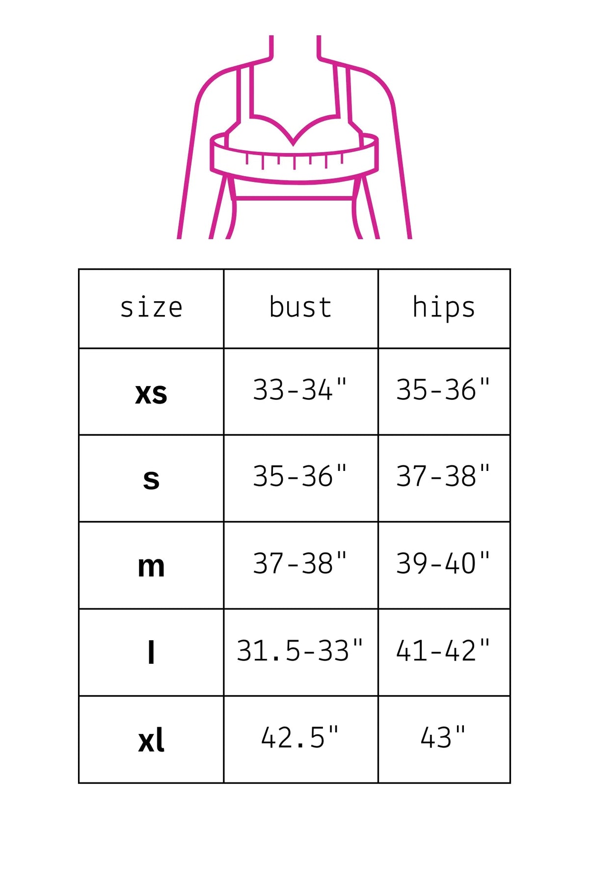 Trestles Clothing Company size chart for Lunar Ash Lace Top showing bust and hip measurements for sizes XS to XL
