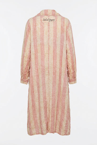 Back view of the Trestles Clothing Company Dreamline Duster in pink and cream striped cotton with a boho vibe.