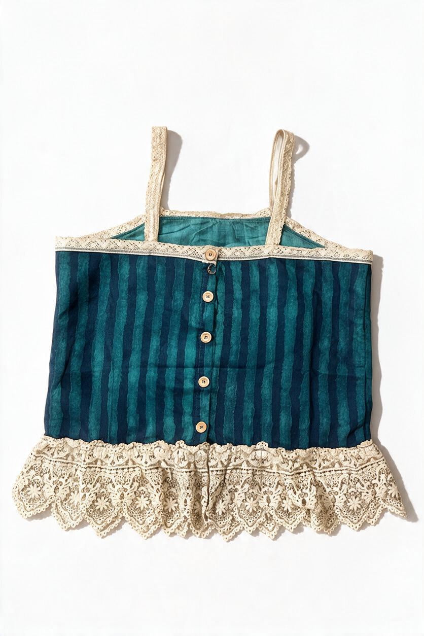 Trestles Clothing Company striped cotton tank with lace ruffle straps, button back, and lace hem in teal and navy