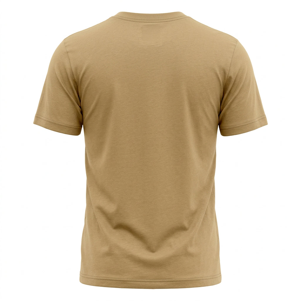 Back view of a plain tan Trestles Clothing Company cotton graphic tee with a fitted silhouette and short sleeves.