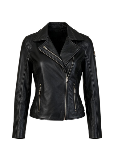 Trestles Clothing Company Traysie black leather biker jacket with zippered front, notched collar, and side buckles.