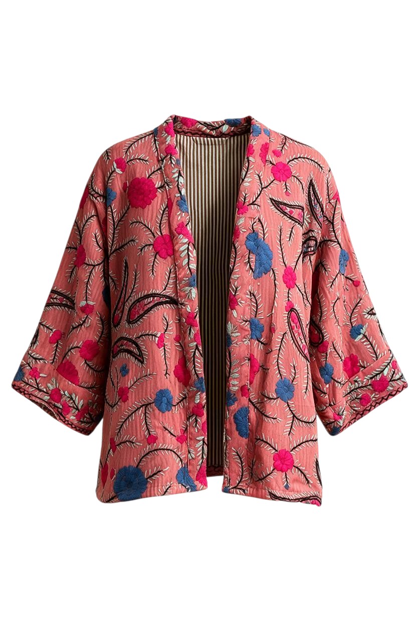 Trestles Clothing Company upcycled sari jacket in pink with floral embroidery and striped lining