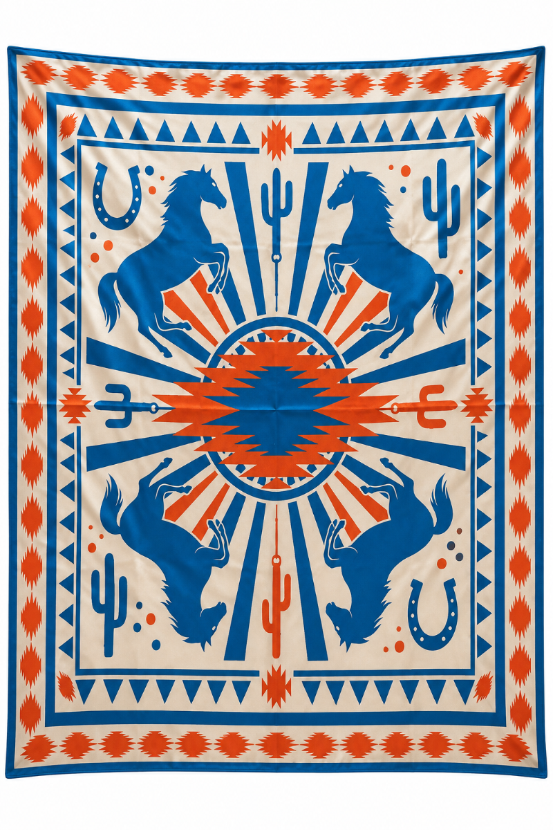 Trestles Clothing Company silky Western scarf featuring blue horses, cacti, and geometric patterns in orange and cream.