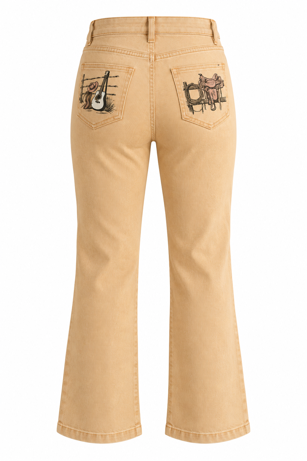 Trestles Clothing Company high-rise wide leg jeans in sand wash denim with vintage Western back pocket graphics.