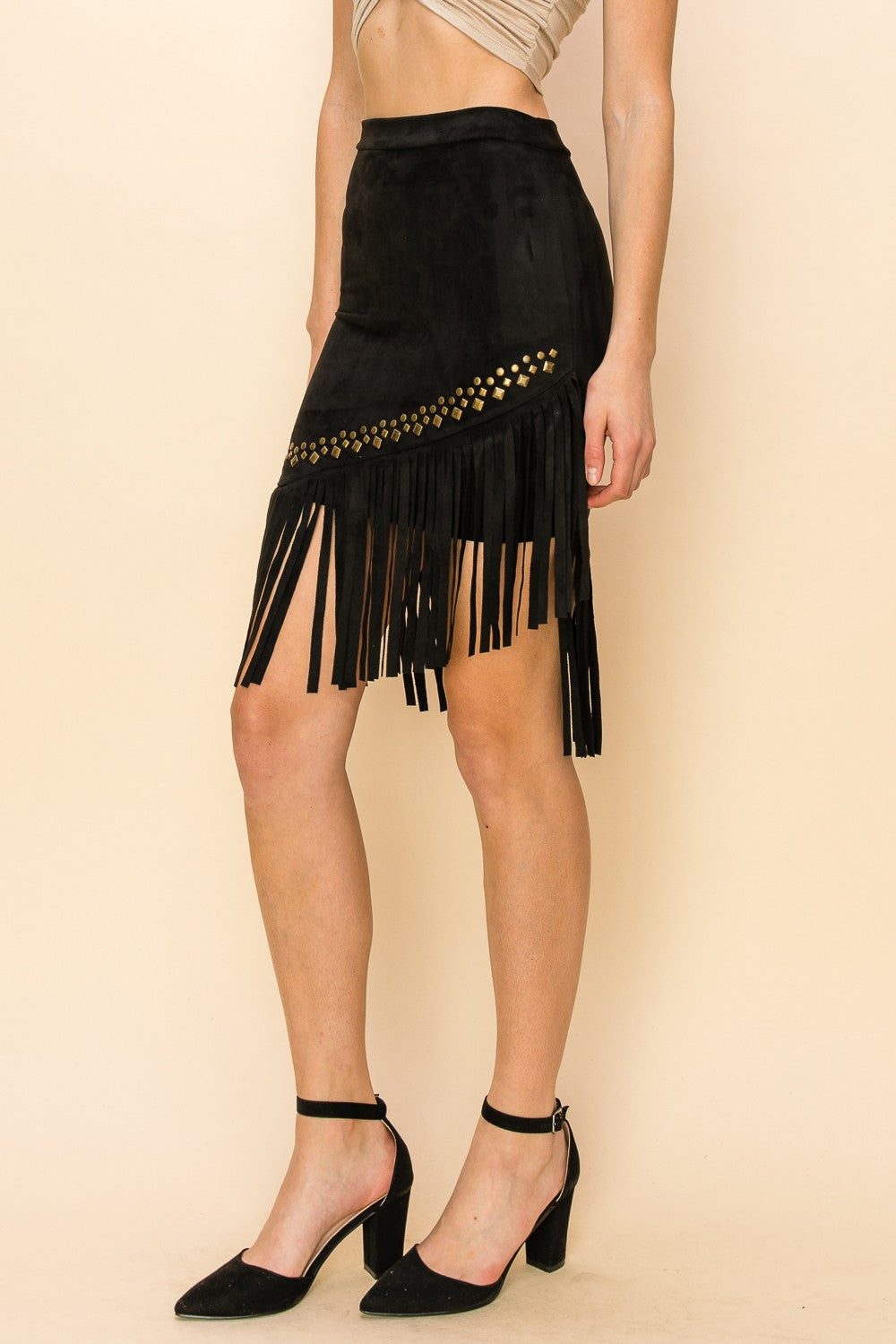 Studs Fringe Suede Skirt