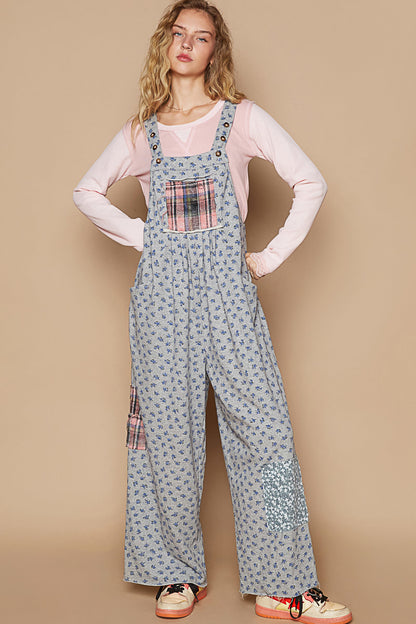 Knit Floral Patched Overalls-9920