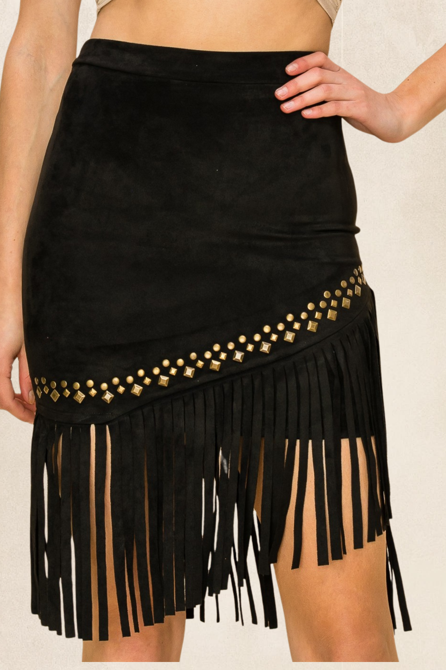 Studs Fringe Suede Skirt